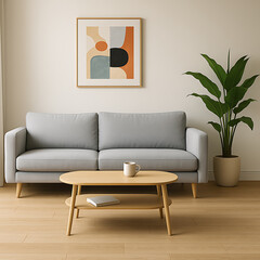 Modern living room with gray sofa, wooden coffee table, abstract wall art, and green potted plant creating cozy atmosphere