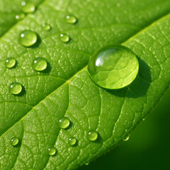 Water droplets on fresh green leaf surface with detailed texture and natural sunlight reflection