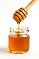 Honey dripping from wooden dipper into glass jar, golden liquid with smooth texture and warm tone