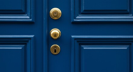Close-up of a blue paneled door with three golden-colored knobs or locks aligned vertically in the center of the frame.