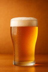 Golden beer glass with foam head and condensation drops on wooden surface, evoking refreshing and cold beverage enjoyment