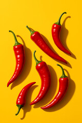 Red chili pepper with green stem on bright yellow background creating vibrant contrast and lively mood