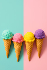Ice cream cone with colorful scoops on pastel background, bright and cheerful dessert treat for summer enjoyment