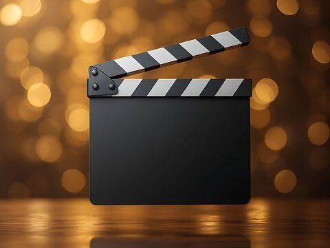 Filmmaking concept featuring a classic movie clapperboard against a shimmering golden bokeh light background.