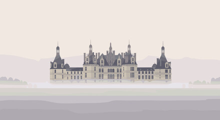 Fototapeta premium Exploring a majestic castle in the mist historical architecture enigmatic landscape digital art perspective. Vector illustration