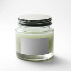 Glass jar with cream, blank label, and mockup.