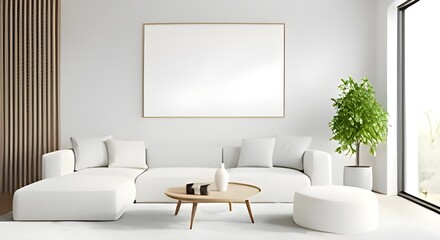 Minimalist Living Room Interior with Blank Frame Above White Sofa | Modern Home Decor Mockup for Art Display, Interior Design, and Real Estate Marketing