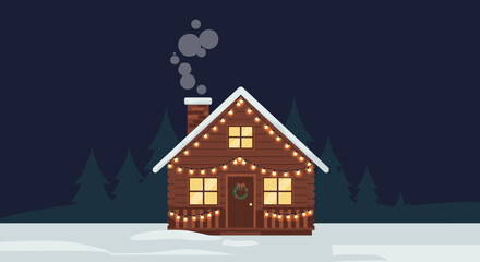Cozy winter cabin with lights snowy forest digital illustration nighttime whimsical holiday spirit. Vector illustration