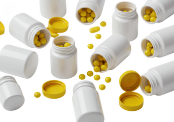Multiple white pill bottles with yellow capsules scattered around them isolated on transparent background