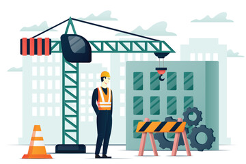 Professional builder constructing with construction crane, process of house building flat illustration