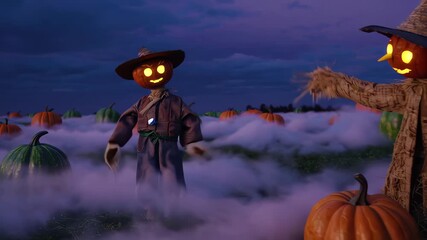 In a misty pumpkin patch, two scarecrows with glowing faces create an eerie Halloween scene. Surrounded by fog and pumpkins, they embody the mystery and charm of an autumn night. - Powered by Adobe