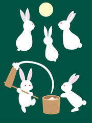 満月を見上げるうさぎと、うすで餅つきをするうさぎが描かれた中秋の名月の和風ベクターイラスト。秋の風物詩であるお月見や十五夜、秋祭りのイメージに最適なデザイン素材｜月見 うさぎ 餅つき