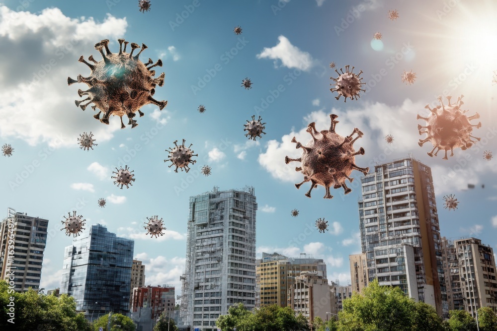 Poster virus particles floating above urban skyline during daytime with clouds in the background