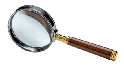 Magnifying glass with metallic rim and polished wooden handle on white