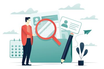 Male character searching for file in folder. Manager office or HR  with confident docs flat illustration