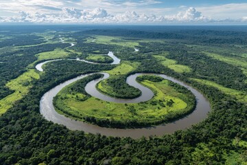Aerial view of a winding river meandering through lush rainforest
