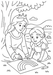 Coloring book page of a queen drawing a rainbow with her daughter.