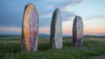 Painted stones stand in a grassy landscape at twilight.