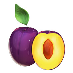 Whole and Half Damson Plum 3D Clipart on Transparent Background