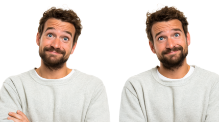 Man with blue eyes and curly hair smiling curiously on white