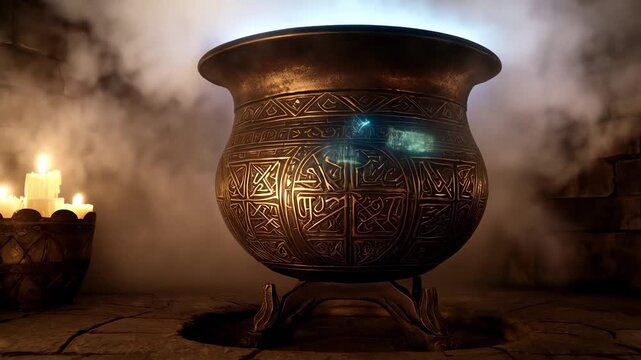 A mystical cauldron emanates a luminous glow surrounded by swirling mist. With ancient engravings, it invokes an aura of magic and mystery, inviting viewers to delve into a world of enchantment.