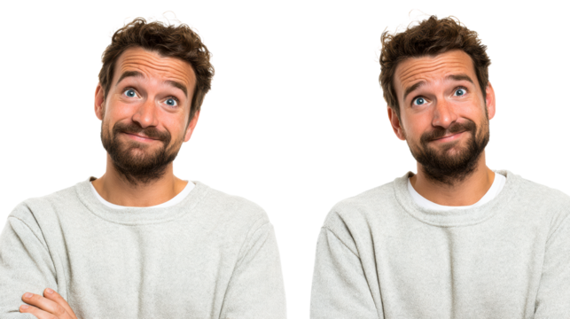Man with blue eyes and curly hair smiling curiously on white