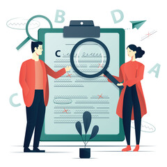 Female and male characters correct mistakes. Grammar correction flat illustration