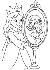 Coloring book page of a queen touching a mirror with a fairy inside.