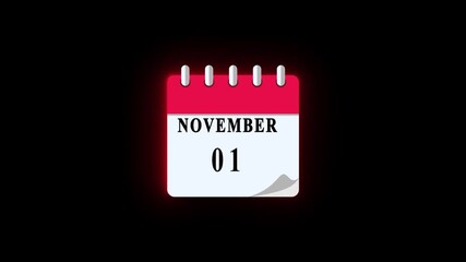 01 November date calendar icon animation, calendar icon video, calendar moving neon black background.