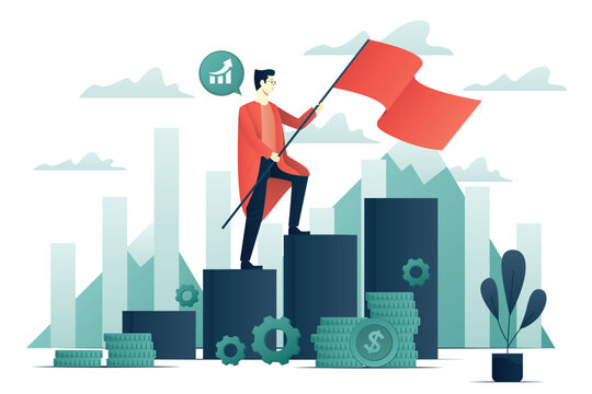 Businessmen climb growth column graph Personality development and goals, careerbuilder. Follow the leader concept flat illustration