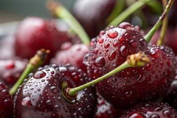 Closeup macro shot of fresh ripe red cherries with water drops, showcasing their juicy texture and vibrant color, perfect for summer desserts and healthy eating