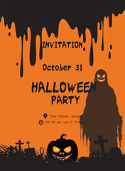 Ghostly Halloween Invitation with blood Lantern, pumpkin, and Old Graveyard