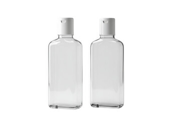Two clear rectangular bottles with white flip top caps containing a transparent liquid isolated on transparent background