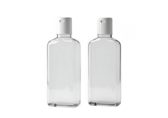Two clear rectangular bottles with white flip top caps containing a transparent liquid isolated on transparent background
