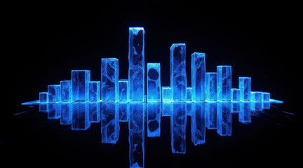 Blue translucent skyscrapers reflect light in a futuristic city