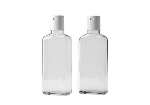Two clear rectangular bottles with white flip top caps containing a transparent liquid isolated on transparent background