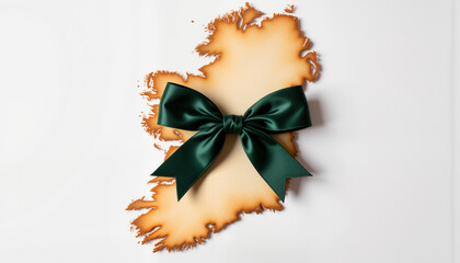 Ireland map with green ribbon tied as gift concept for St. Patrick's Day  