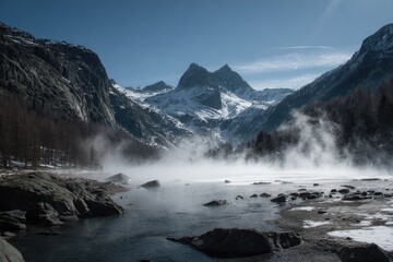 Obraz premium Frozen alpine lake shrouded in mist, with towering snow-capped peaks