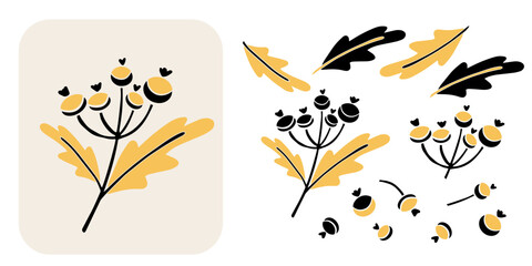 Fototapeta premium Minimalist flat vector illustration of black botanical branch with yellow leaves and berries. Perfect for greeting cards, seasonal packaging, textile prints, wrapping paper, posters, scrapbooking