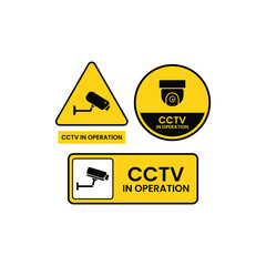 Obraz premium CCTV in operation warning sign vector set in yellow and black. Perfect for security system designs, surveillance camera icons, safety signage, public area alerts, and monitoring zone illustrations