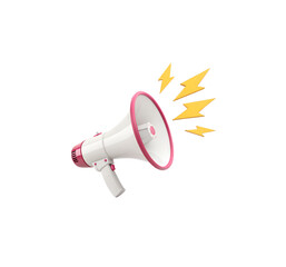 3D Render of White Megaphone with Pink Rim and Handle, Yellow Lightning Bolt Sound Effects

