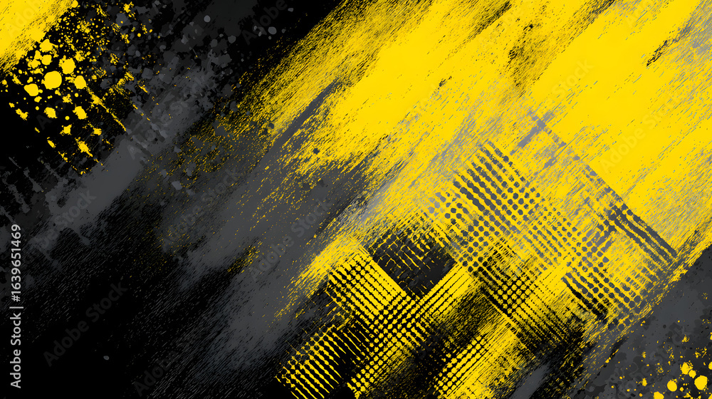 Poster abstract grunge background with yellow diagonal brush strokes and checkered pattern.