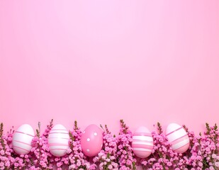 A delightful arrangement of pink Easter eggs nestled among vibrant spring flowers, set against a soft, light background that enhances their charm.