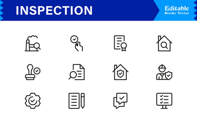 Professional Inspection Icon Set Including Audit, Review, Quality Control, and Search Elements in Minimal Vector Style