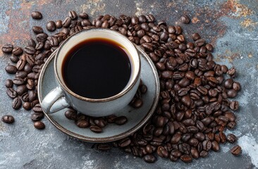 Naklejka premium A cup of dark coffee surrounded by coffee beans on a textured surface
