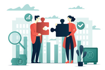 Male and female with jigsaw puzzle pieces. Team work solution concept flat illustration