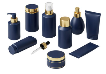 Obraz premium Collection of elegant dark blue cosmetic bottles and tubes with gold accents isolated on transparent background