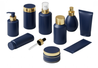 Collection of elegant dark blue cosmetic bottles and tubes with gold accents isolated on transparent background