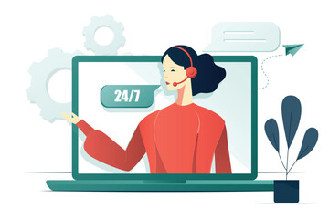 Customer service female worker. Online help or support concept flat illustration