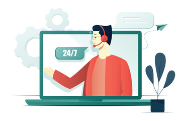 Customer service male worker. Online help or support concept flat illustration